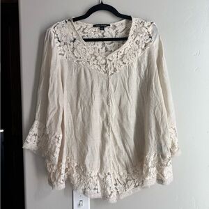 Zac & Rachel Lace Boho Peasant Top Cream Crochet Blouse Romantic Cottagecore L